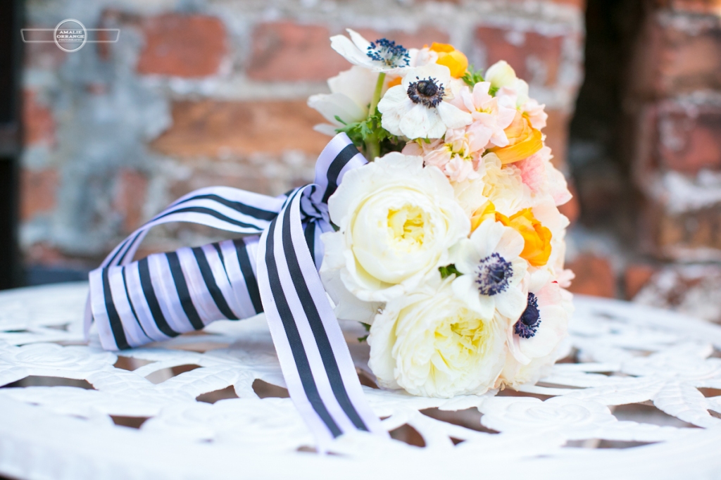 bouquet with peonies enemies and striped ribbon