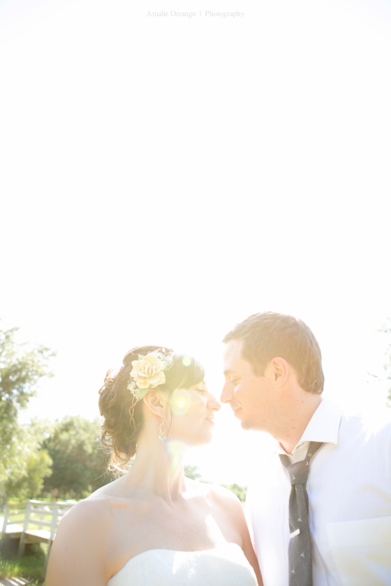 bride and groom kissing with sun flare